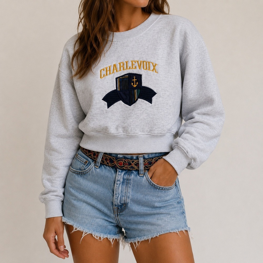 Vintage Oarsman 913 Grey Cropped Coastal Sweatshirt 90s Preppy Charlevouix‎ M